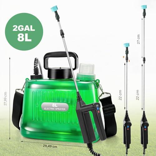 SideKing 8L Electric Sprayer Garden Sprayer 3 Speed Adjustable Handle 4 Nozzles Telescopic Lance Battery Sprayer for Weeding Lawn Driveway - Transparent Green