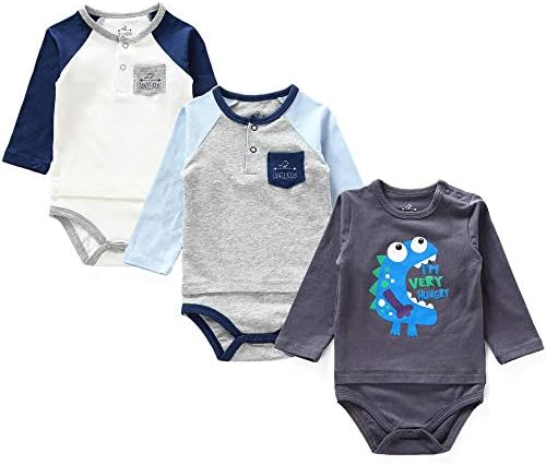 Baby Boy's Long Sleeves Print Bodysuit Snap Closure Cotton Sleep and Play, 3-Pack