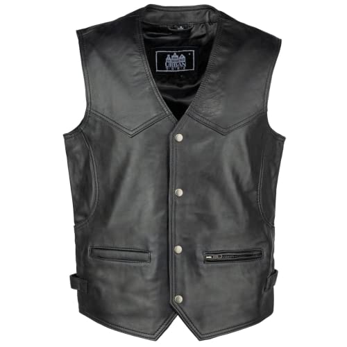 URBAN 5884 Billie Genuine Biker Style, Motorcycle, Comfortable and Comfortable Sheepskin Biker Vest with Button Closure Men, Black, XXL