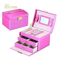 A&B Clever Jewelry Box Jewelry Organizer Three Layers PU Leather Jewelry Storage Box with Mirror and Lock for Girls and Women