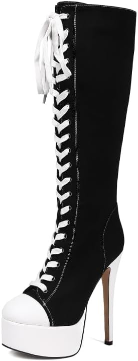 Amazon.com | Knee High Platform Emo Boots Heels Canvas Alt Fashion