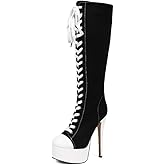 Feinlina Women's Fashion Canvas Knee High Stiletto Boots Round Toe Lace-up Platform Heels Club Party Booties