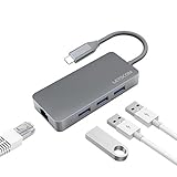 Letscom USB-C to USB 3.0 Portable Data Hub with Thunderbolt 3 to Network Adapter Ethernet Port and 3 USB 3.0 Ports, for Macbook Pro, XPS, Google Pixelbook and More Type C Devices, Grey
