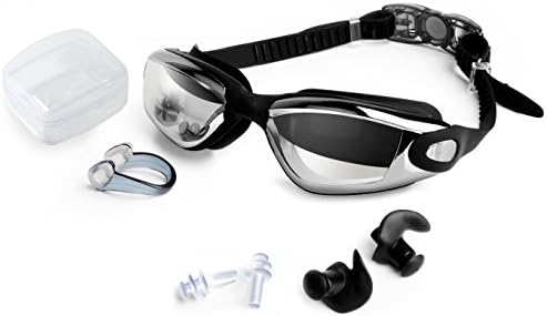 FEIECO Swimming Goggles With FREE Ear Plugs, Nose Clip, High-Definition Clear Swimming Goggles Unisex Adult Waterproof No Leaking Anti-fog Anti Shatter UV Protective Triathlon Swim Goggles(Black)
