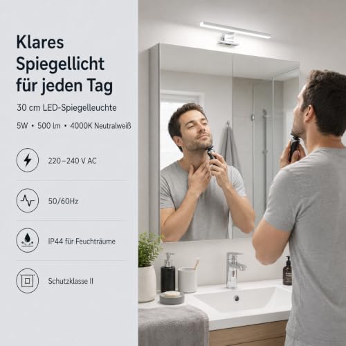 Aogled LED Bathroom Mirror Light 30 cm 5 W 500 LM 230 V Neutral White 4000 K, Stainless Steel Slim Light Bathroom Mirror, Mounting Plate on Mirror/Cabinet/Wall Lighting 300 mm