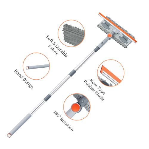 6.4FT Professional Extendable Window Squeegee and Scrubber | 180° Adjustable Head, Window Squeegee for High Windows, Glass, Shower, and Car Windshield Cleaning (Grey/Orange/Chrome)