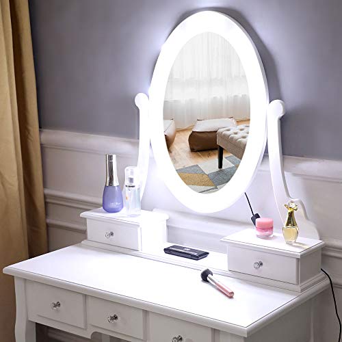 Vanity Table Set,White Makeup Dressing Table with Oval Lighted Mirror,Cushioned Stool,3 Drawers,2 Storage Cases，Wooden Makeup Furniture for Women Girls Bedroom - Thumbnail 2