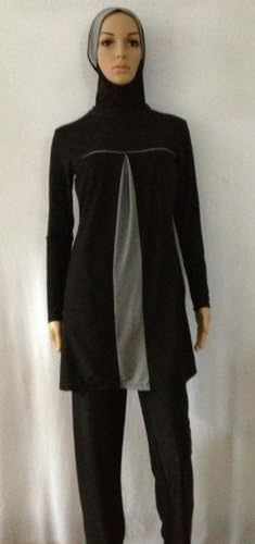 Women's Full Coverage Modest Black/Gray Swimsuit Hijab Hooded Islamic Swimwear (L)
