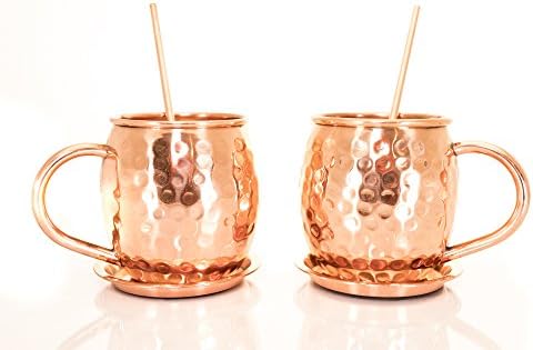 -Moscow Mule Copper Mug- Set Of 2 16 oz. Solid Copper Mugs-Free Pure Copper Coasters And Straws Included