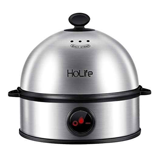 Egg Cooker, HoLife Stainless Steel Egg Boiler Steamer with Auto Shut off, 7 Egg Capacity for Soft, Medium, Hard Boiled Eggs, Omelettes-Silver