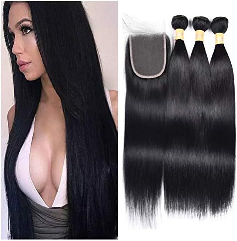 Brazilian Straight Human Hair 3 Bundle with Closure Jet Black 1# Color Braziian Virgin Hair Straight with Lace Closure Free Part Human Hair Extensions (12 12 12 with 10 inch closure)