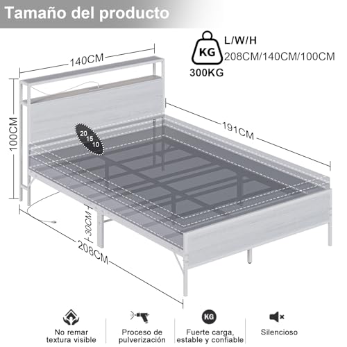Simple Wisdom Cama Matrimonial 1.4 M con Base y Cabecero de Almacenamiento, 2 Salidas de Carga y 2 Puertos USB y Luces LED (Blanco)