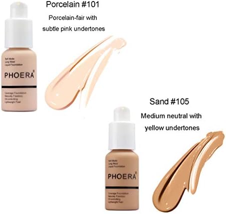 2PCS Foundation Liquid, Foundation Full Coverage New 30ml PHOERA 24HR Matte Complexion Hydrating Gel Cream Oil Control Concealer Liquid Foundation (101+105)