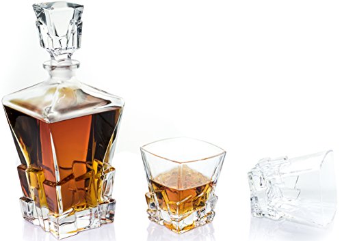 Whiskey Glass Set with Glass Whiskey Decanter - Set of 4 Old Fashioned Glasses with Bonus Granite Whiskey Stones - Great for Scotch and Bourbon - Whiskey Glasses - Perfect Holiday Gift (Cubed)