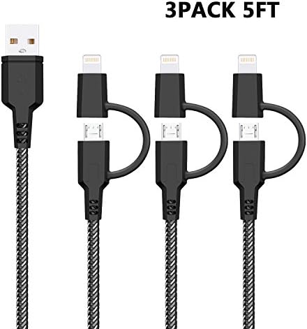 Novtech 3 Pack 1.5M/5 FT 2 in 1 USB Adapter Charging Cable Micro USB iPhone Cable for iPhone7, 6, 5, 4, iPad 4,3,2,Air,Samsung, HTC,LG,Nexus, and More, Black and Grey