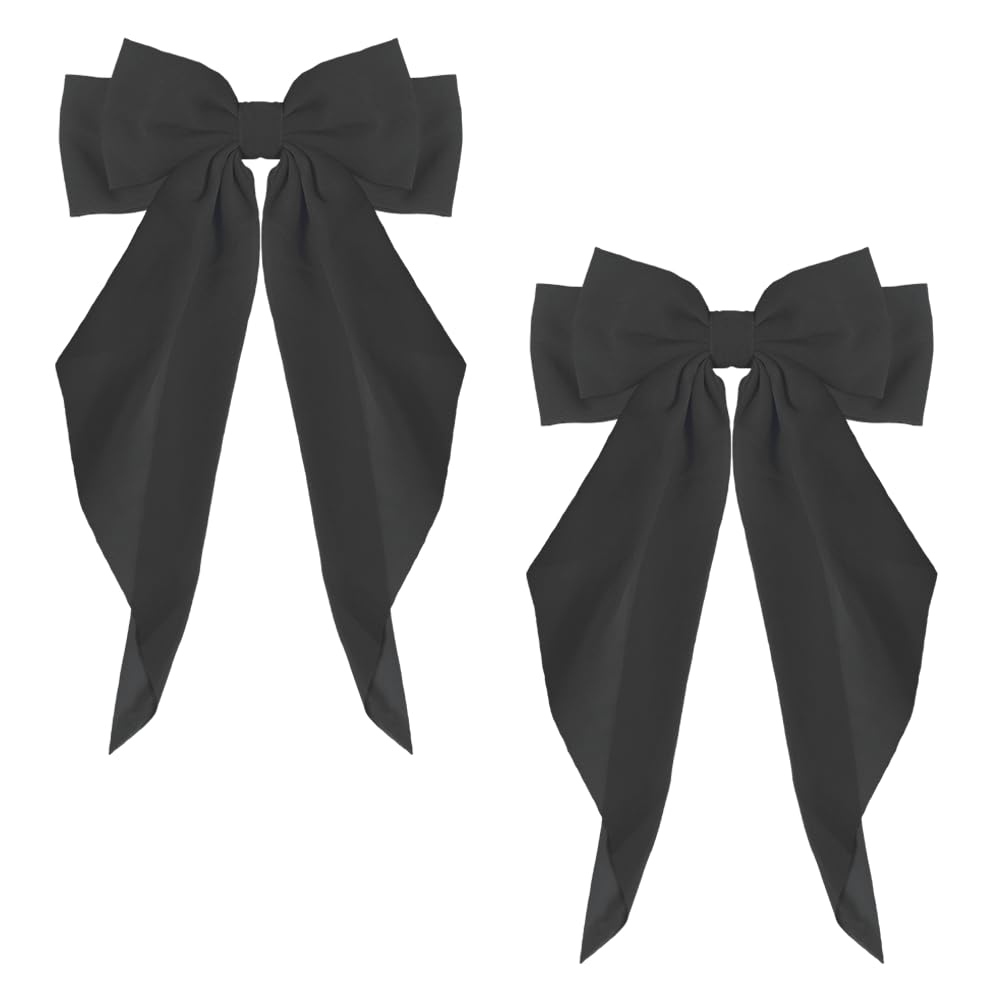 ZEVONDA 2 Pieces Big Bow Barrettes - Chiffon Hair Bow Clips French Bowknot with Long Tail Solid Color Bowknot Metal Hairpin Women Girl (Black+Black)