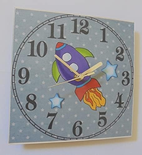 Space Rocket Wall Clock 'No Tick' Childrens Kids Child Handmade Plaque Sign Wall Art Grey