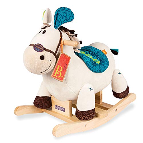 B. toys Schaukelpferd beige mit blauem Sattel aus weichem Plüsch und hochwertigem Holz, Schaukeltier zum Draufsitzen für… – Bild 4