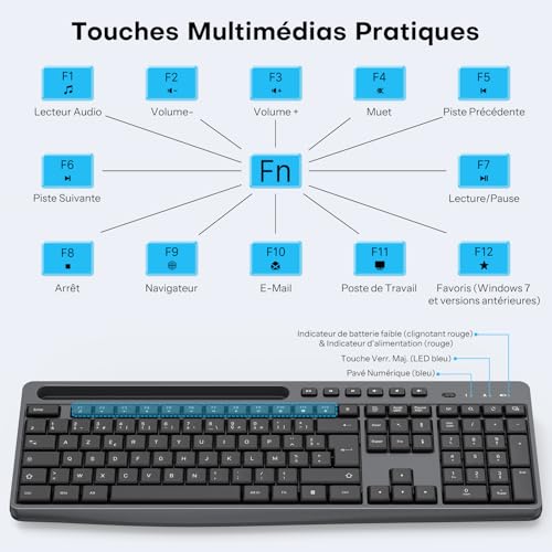 OMOTON AZERTY Wireless Keyboard and Mouse, 2.4 GHz Wireless Keyboard and Mouse Set, Standing, Quiet, Multimedia, Ergonomic, Full Size Compatible with Windows/Linux PC, Ideal for Office (Black-Grey)