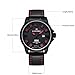 Men's Black Leather Wrist Watch Large Face 3D Analog Quartz Casual Watch with Red Number and Analogue