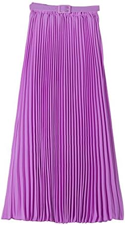 Womens Elegant Solid Bohemian Pleated Maxi Skirt High Elastic Waist Full/Ankle Length Skirt with Belt