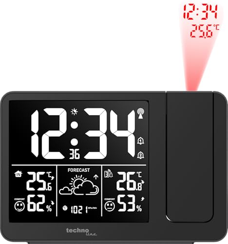 Technoline WT548 - Despertador con proyección, Radio Despertador con pronóstico del Tiempo, Temperatura Interior, Humedad Interior, indicador de Temperatura Exterior, transmisor Exterior, Pilas