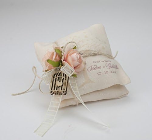 Batch of 20 Pieces Bomboniere Cushion Double Fabric 10 x 10 cm Personalised Save the Date with Print Full Suitable for Wedding, Confirmation, First Communion and Baptism of Everything and Confetti as photos