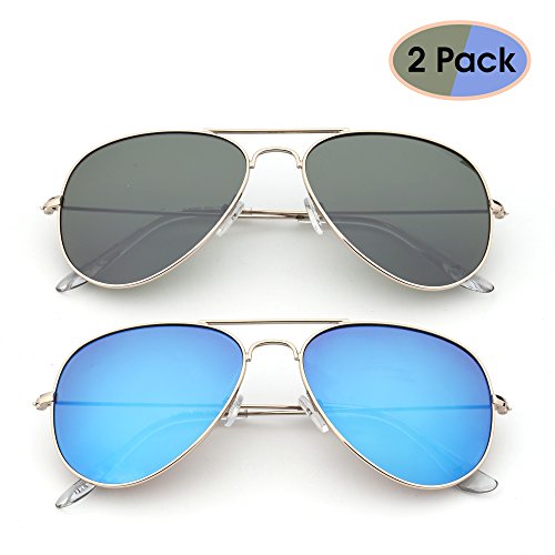 JM Retro Mirror Aviator Sunglasses Flash Tinted Lens Eyeglasses for Women Men UV400 2 Pack (Green & Blue) - Thumbnail 2