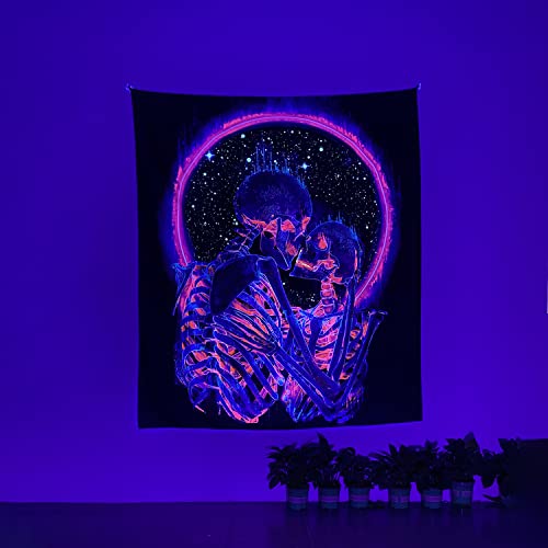 Manicer Blacklight Skull Tapestry, The Kissing Lovers Tapestry UV Reactive Trippy Psychedelic Neon Tapestries Glow in the Dark Party Backdrop, Skeleton Wall Art for Bedroom Living Room – 29.5” x 39.4”