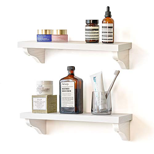Labcosi White Floating Wall Shelf for Wall, Set of 2 Solid Wood Display