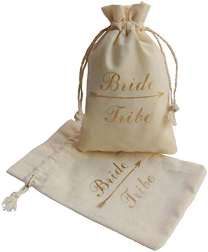 SL crafts 10pcs Gold Bride Tribe Unbleached Natural Cotton Muslin Bags Drawstring Bags Wedding Bachelorette Party Bridal Shower Gift Bags 3.7"x5.7"