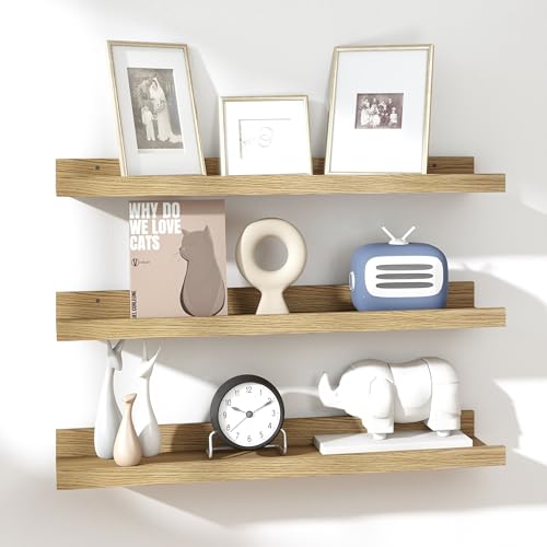 RICHER HOUSE Oak Floating Shelves for Wall Set of 3, 90 CM Wood Floating Shelves Modern for Photo Ledge Display, Wall Decor, for Room Decor, Living Room, Bedroom, Bathroom, Kitchen, Laundry