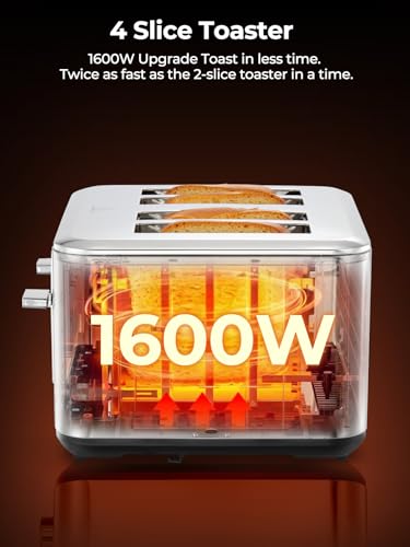 Toaster 4 Slices, 1600 W Intelligent Stainless Steel Toaster, 6 Colour Settings, Full Touchscreen Operation, Extra Wide 1.57 Inch Slot, with Digital Timer, Crumb Drawer, Silver