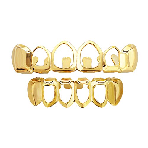 TSANLY Open Face Grillz Teeth 24k Gold Grillz Plated Caps New Custom Fit Top & Bottom Grill Set