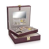 2 Layers Jewelry Box,Rexun, PU Leather,With Lock and Large Mirror,Travel Jewelry Organizer Box for Necklace Earrings Rings ,Gift for Women Or Girls (Purple)