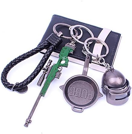 FULAISI 4 Pcs PUBG Keychain Cool Key Chains - Zinc Alloy Level 3 Knapsack Helmet Pan for PUBG Playerunknown's Battlegrounds (AWM)