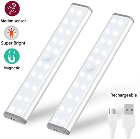 2-Pack Motion Sensor Wardrobe Closet lights, Rechargeable Wireless Under Cabinet Lighting, 20 LEDs Super Bright LED Night Light, Magnetic Stick-on Anywhere, 6000K White Light