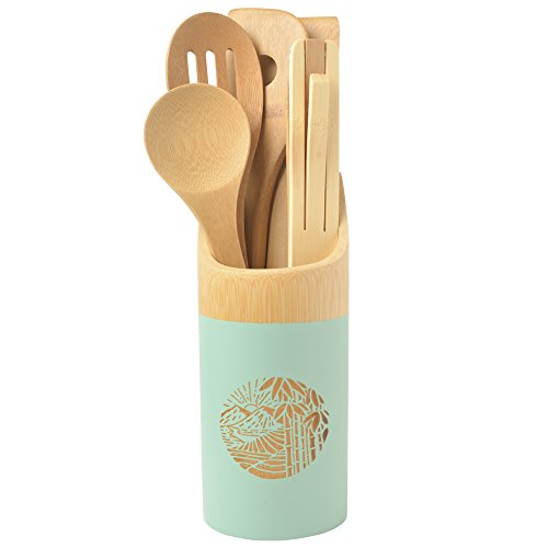 Organic 6 Piece Bamboo Cooking & Serving Utensils Set | Kitchen Accessories Kit In Colorful Utensil Holder | Spoon & Spatula & Salad Tong Mix | Space-Saving Wood Kitchen Gadgets Set | By laboos