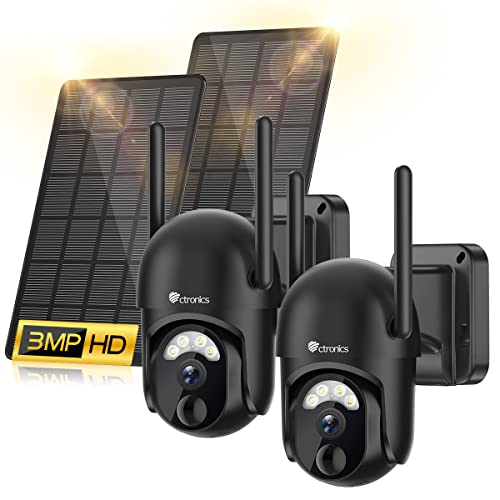 Ctronics 2K 3MP Caméra Surveillance WiFi Extérieur sans Fil Solaire, PTZ IP Caméra de Surveillance sur Batterie 2304X1296P Vision Nocturne Couleur PIR Détection Humaine Audio Bidirectionnel (P2)