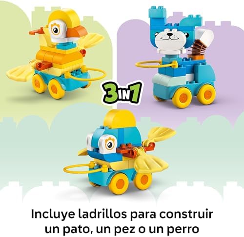 Duplo Animales sobre Ruedas 3en1 - Juguete de Construcción Educativo con Ladrillos para Construir Figura de Perro, Pato o Pez de Juguete con Ruedas - Regalo para Niños y Niñas de 2+ Años 10448