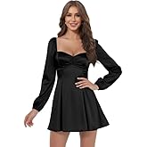 Dvdci Satin Long Sleeve Homecoming Dresses for Women Sweetheart Ruched Corset Fall Cocktail Party Gown