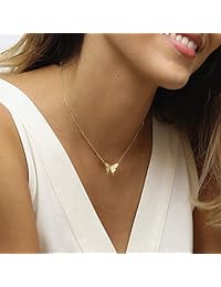 Mevecco - Collar con colgante de mariposa de oro de 18 quilates, chapado en oro rosa, con forma de corazón, con circonita cúbica en capas, para mujer