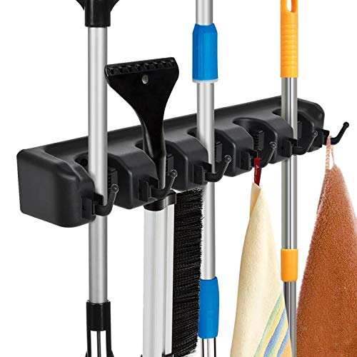 Auwey 2pack Mop Broom Holder Wall Mount with Hook Gripper Slot, Garden Storage Rack Mop Broom Handle Kitchen Storage Garage Garden Tools Commercial Organizer (5 Position 6 Hooks)