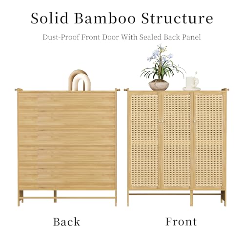 Bamboo Shoe Cabinet with Rattan Doors, 5-Tier Entryway Shoe Shelf Organizer, Storage Cabinet with Hooks Shoe Chest for Hallway Living Room Bedroom 90.5x35x107cm