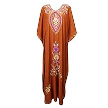 Mogul Interior Womens Caftan Dress Brown Embroidered Cotton Crush Kaftan One Size