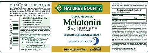 NATURE’S BOUNTY MELATONIN 3MG QUICK DISSOLVE, SLEEP AID SUPPLEMENT, SLEEP AIDS FOR ADULTS, CHERRY FLAVOR, 240 COUNT (PACK OF 1)