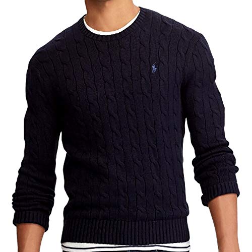 POLO RALPH LAUREN MENS CABLEKNIT COTTON SWEATER, NAVY BLUE, LARGE