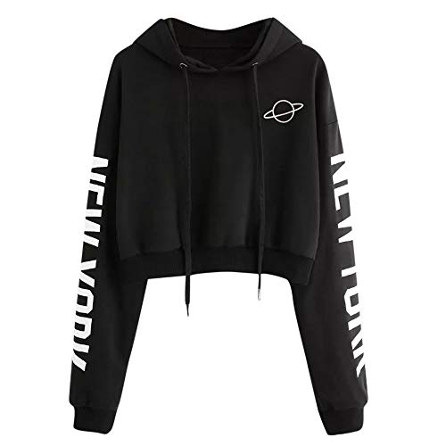 FEITONG Womens Autumn Long Sleeve Hoodie Sweatshirt Letters Hooded Pullover Tops Blouse(Large,Black) - Thumbnail 4