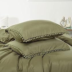 Smoofy Pom Fringe Comforter Set Queen Size Olive