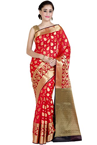 Chandrakala Women s Red Cotton Silk Banarasi Saree